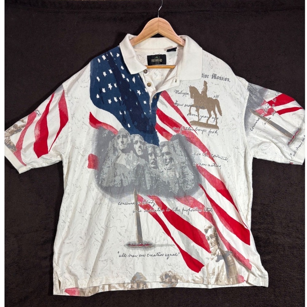 RedHead Mens 2X Americana Polo Shirt USA Flag Mount Rushmore All Over Print EUC